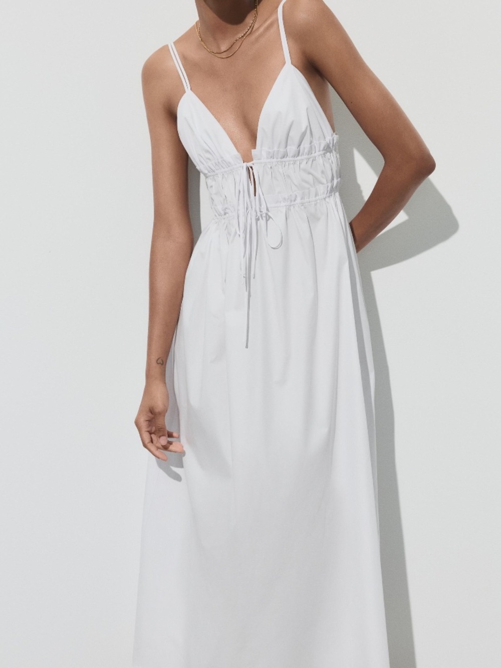 Zara White Midi Drawstring Linen-Blend Dress